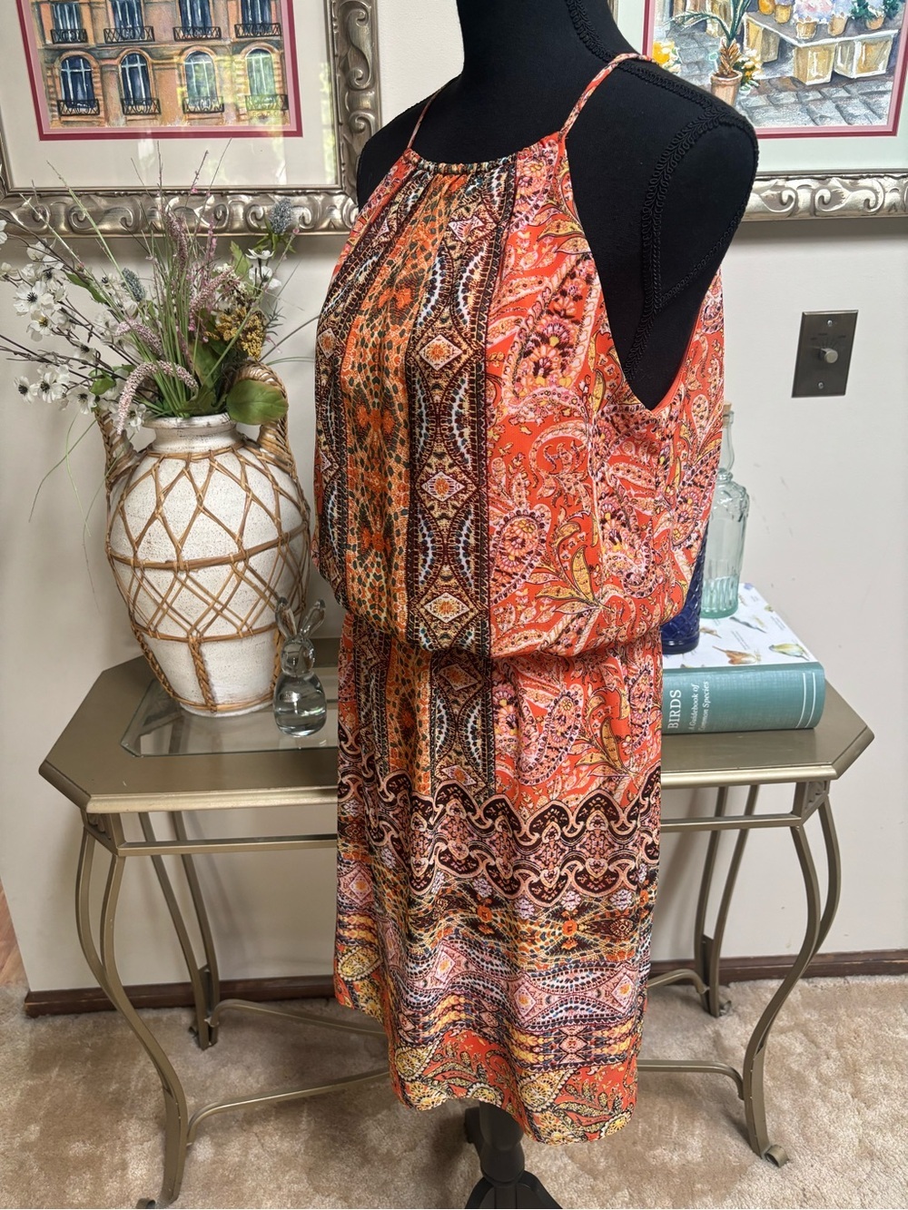 London Times Orange Multi-Print Paisley Halter Midi Dress Boho-Chic Size 8 - Picture 9 of 9
